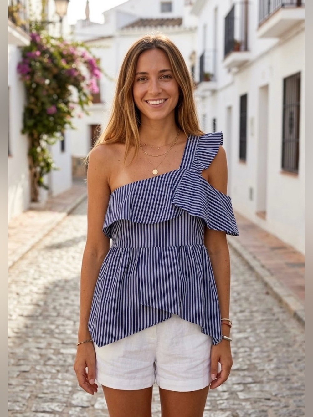 Lea & Viola Navy and White Striped One-Shoulder Ruffle Camisole Size M